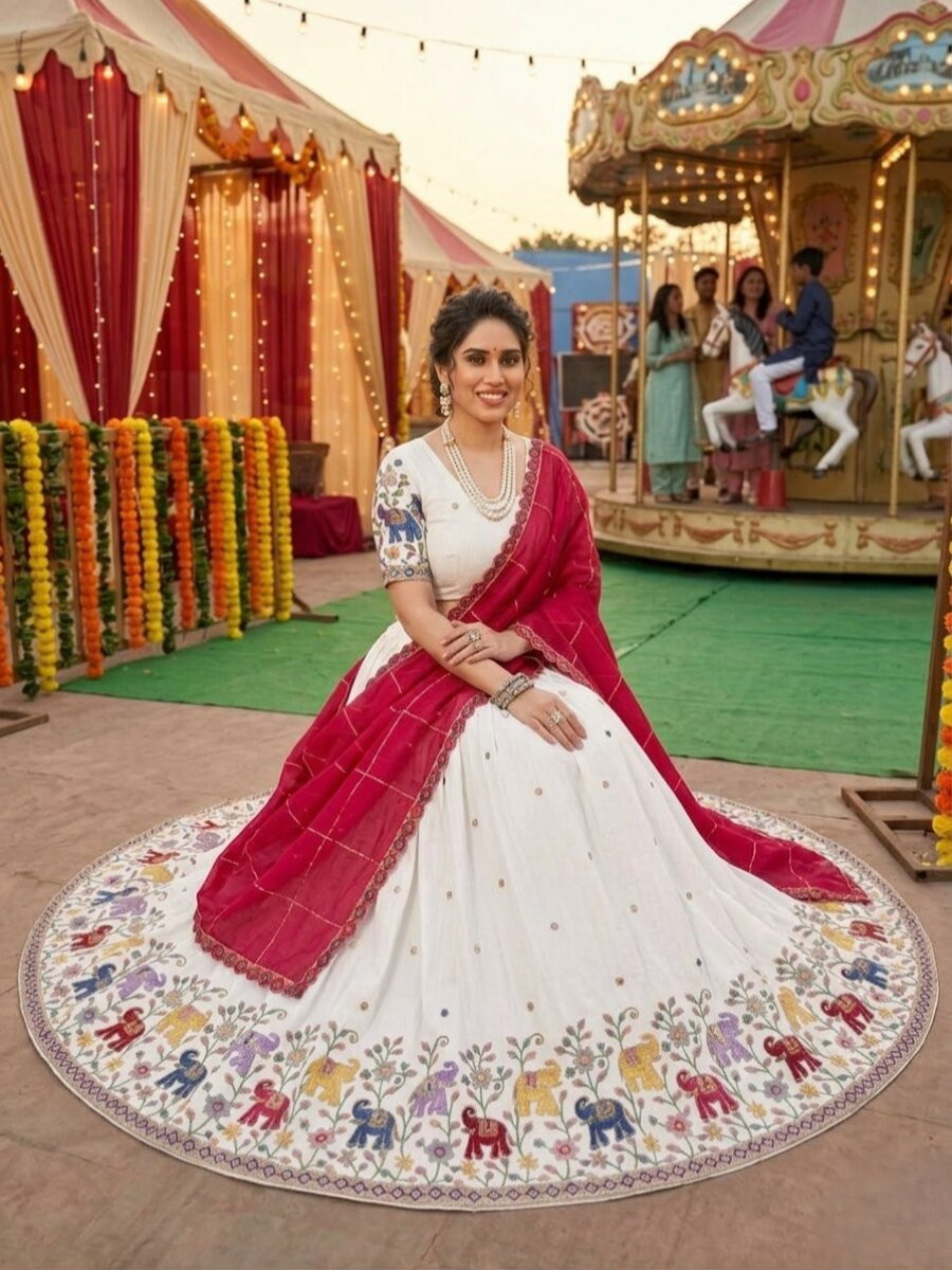 White Star Georgette Embroidery Sequins Wedding Reception Party Festival Heavy Border Lehenga Choli