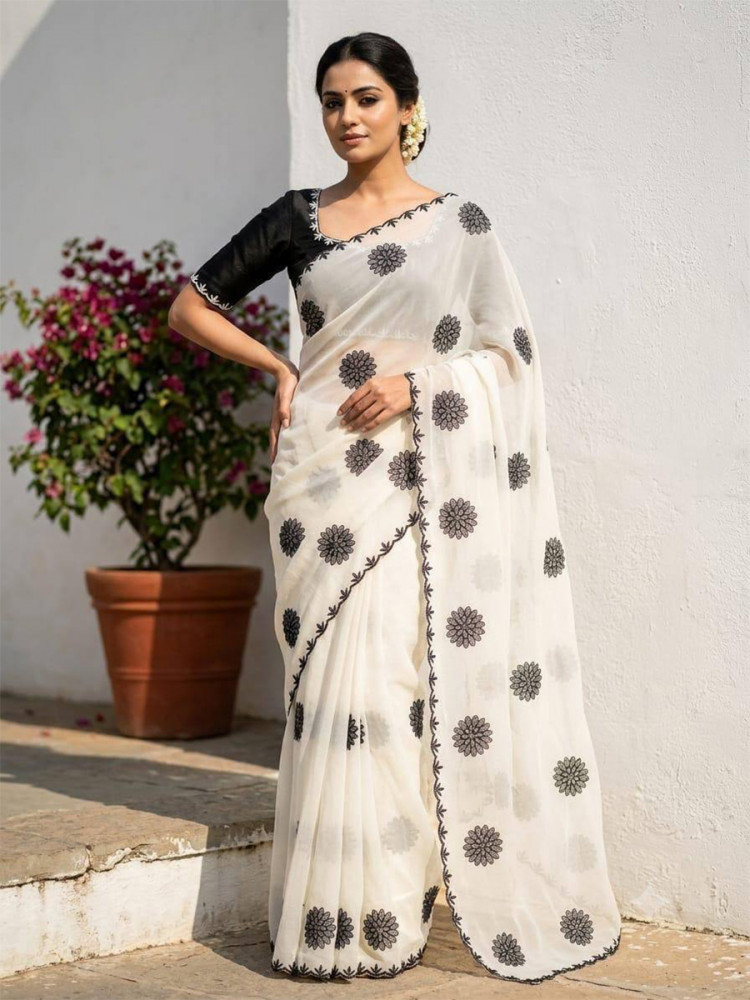 Image of White Star Georgette Embroidery Wedding Reception Party Festival Casual Heavy Border Sarees