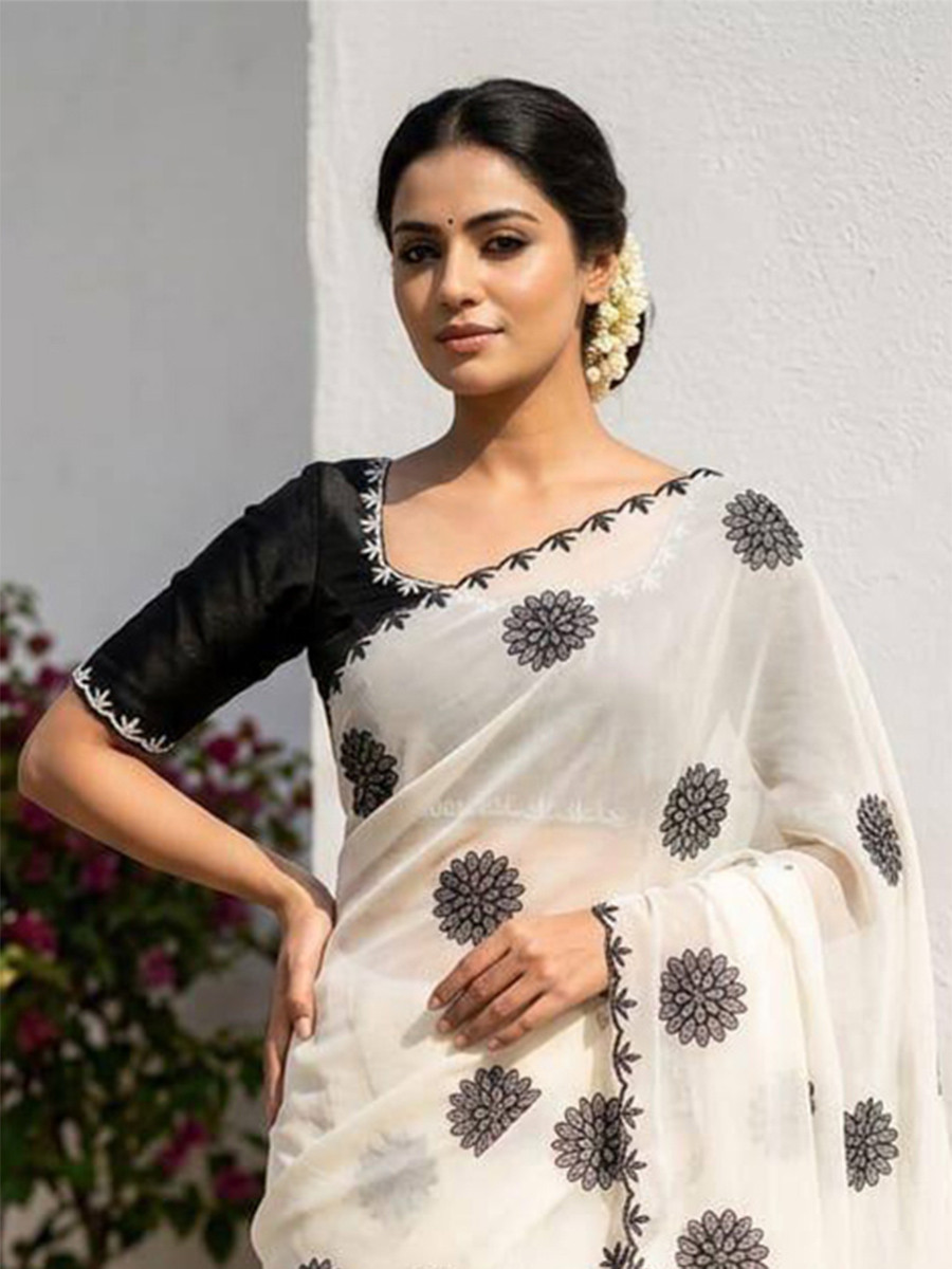 White Star Georgette Embroidery Wedding Reception Party Festival Casual Heavy Border Sarees