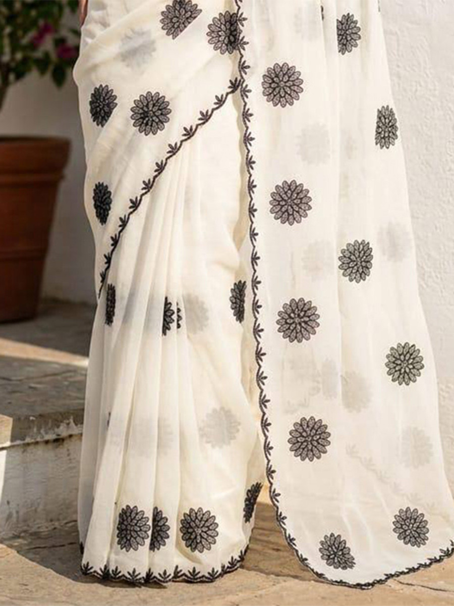 White Star Georgette Embroidery Wedding Reception Party Festival Casual Heavy Border Sarees