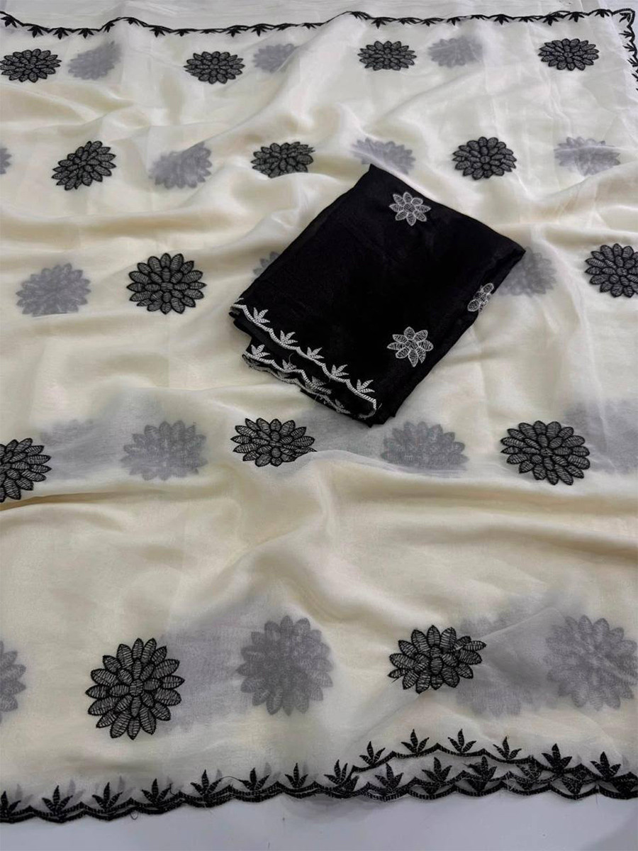 White Star Georgette Embroidery Wedding Reception Party Festival Casual Heavy Border Sarees