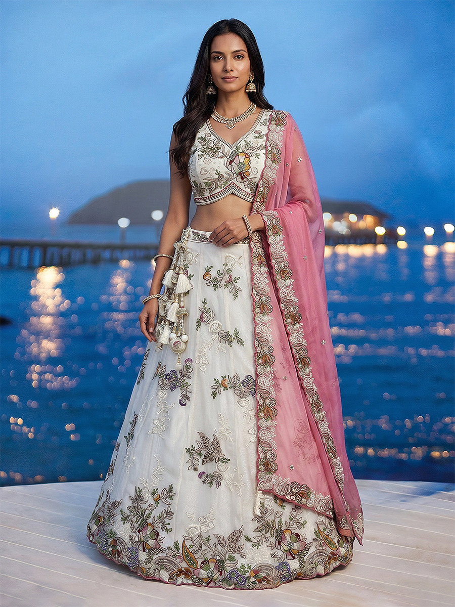 White Tissue Embroidery Wedding Reception Party Festival Heavy Border Lehenga Choli