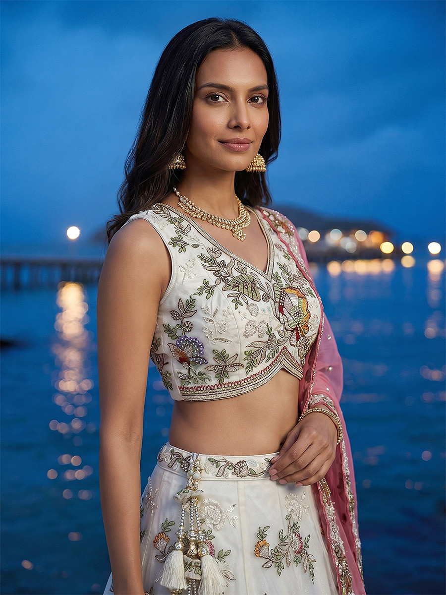 White Tissue Embroidery Wedding Reception Party Festival Heavy Border Lehenga Choli
