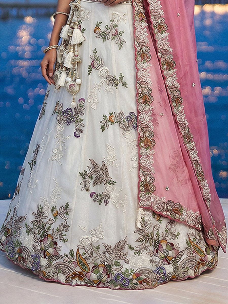 White Tissue Embroidery Wedding Reception Party Festival Heavy Border Lehenga Choli