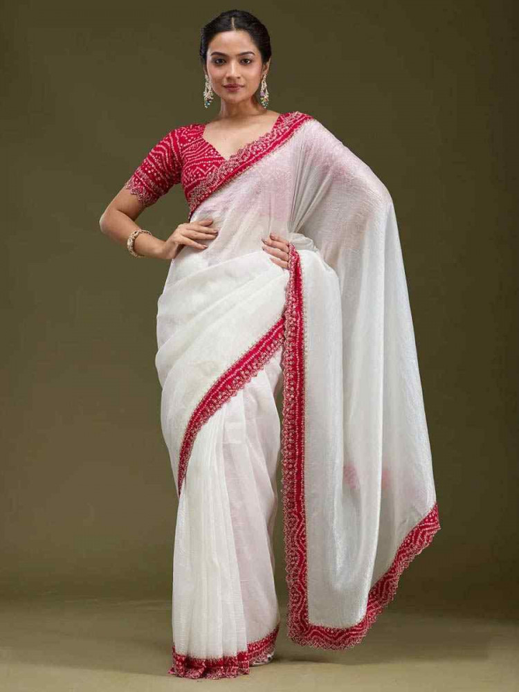 Image of White Tissue Gold Crush Embroidery Bridal Festival Wedding Traditional Fancy Heavy Border Sarees