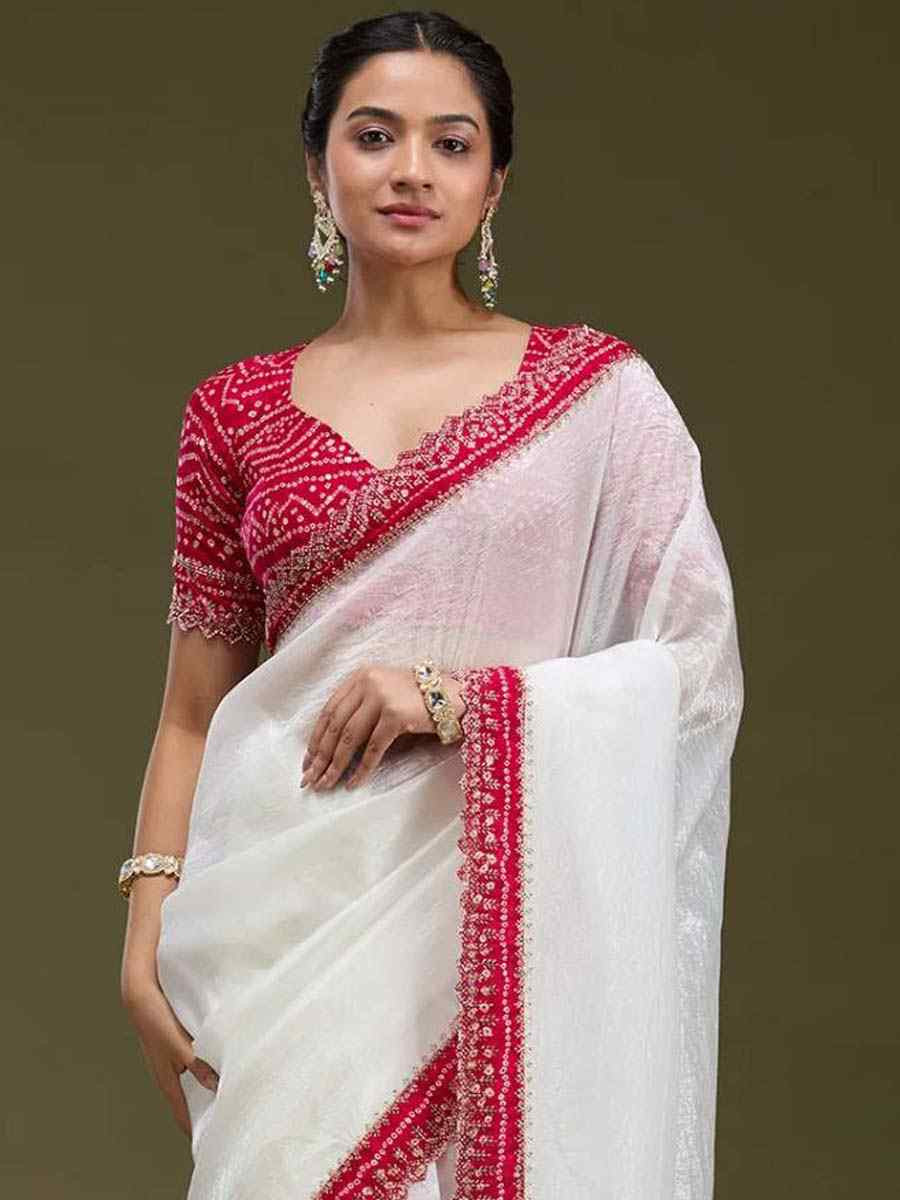 White Tissue Gold Crush Embroidery Bridal Festival Wedding Traditional Fancy Heavy Border Sarees