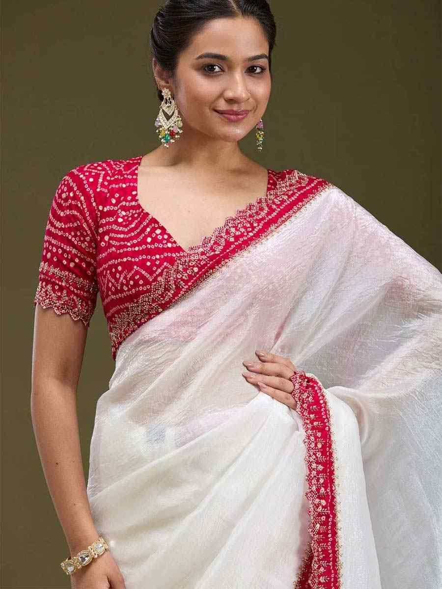 White Tissue Gold Crush Embroidery Bridal Festival Wedding Traditional Fancy Heavy Border Sarees