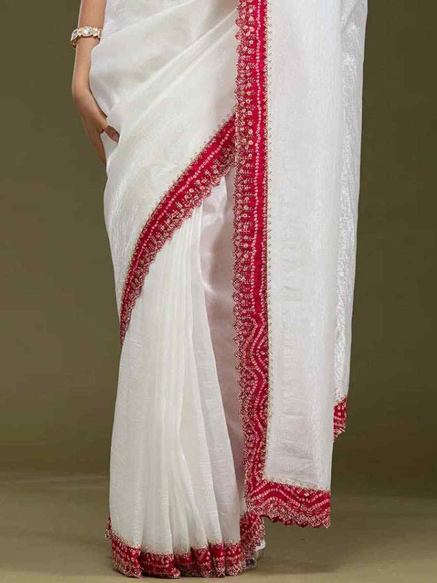White Tissue Gold Crush Embroidery Bridal Festival Wedding Traditional Fancy Heavy Border Sarees