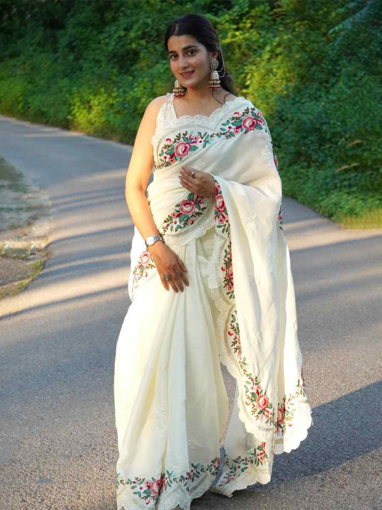 White Tussar Silk Embroidered Festival Wedding Fancy Heavy Border Saree