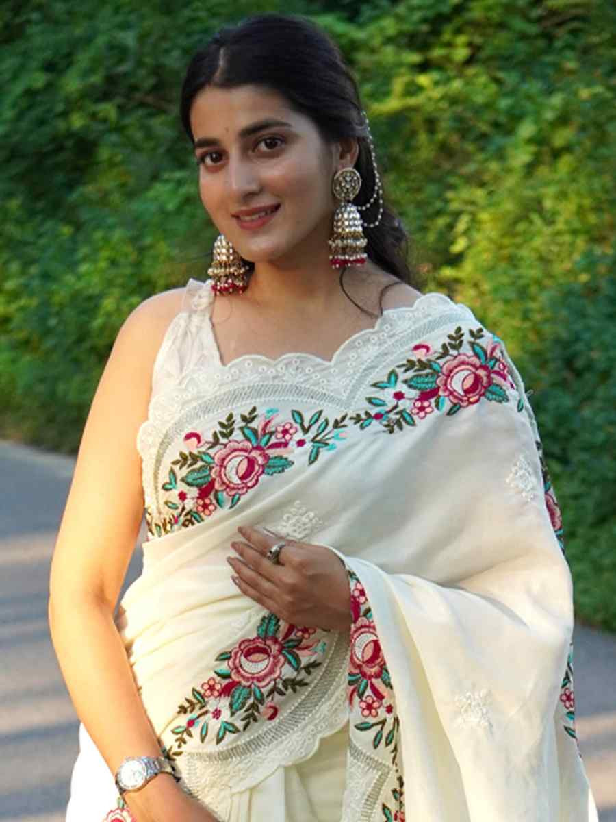 White Tussar Silk Embroidered Festival Wedding Fancy Heavy Border Saree
