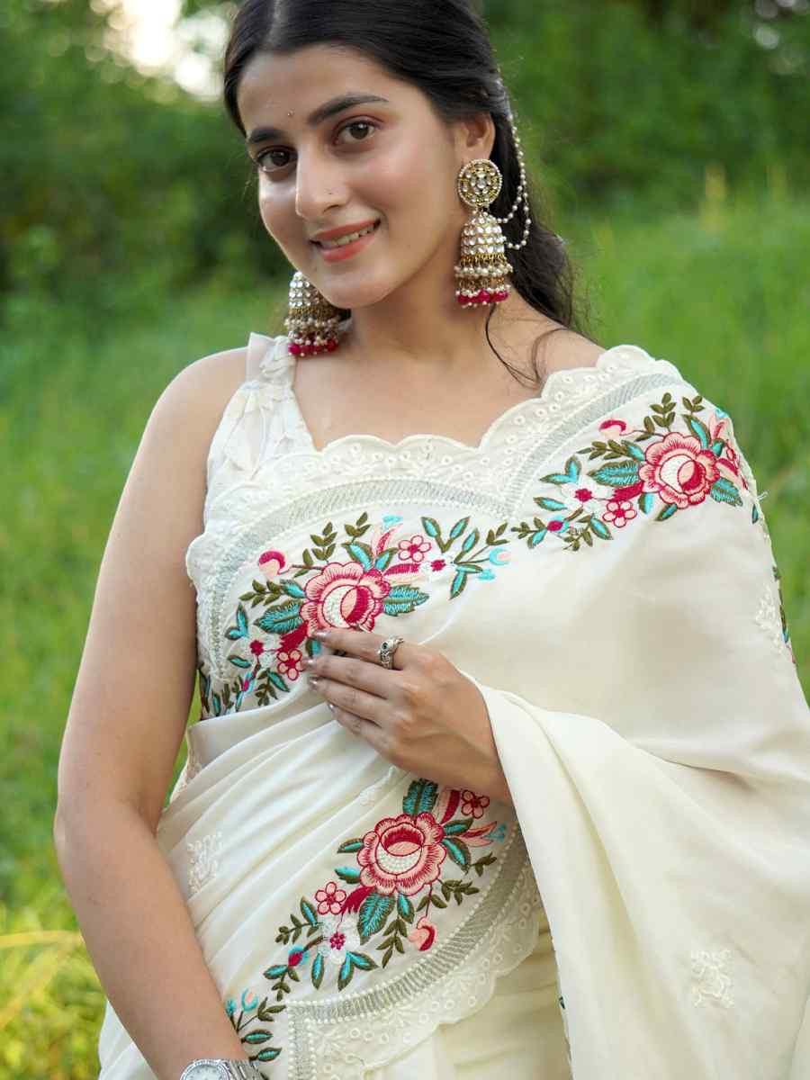 White Tussar Silk Embroidered Festival Wedding Fancy Heavy Border Saree