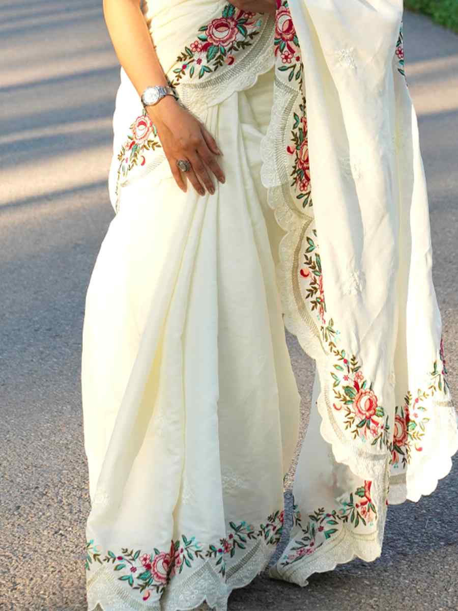 White Tussar Silk Embroidered Festival Wedding Fancy Heavy Border Saree