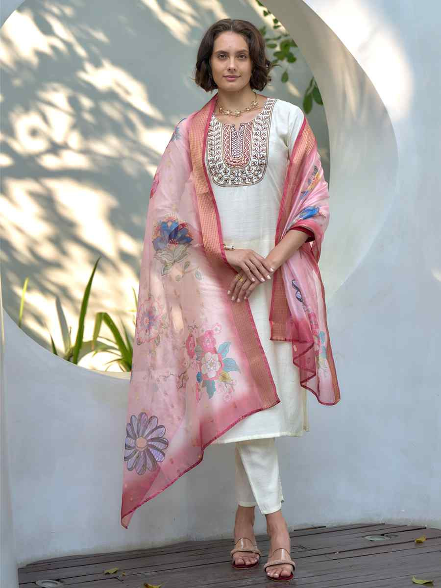 White Vatican Silk Embroidered Party Wedding Ready Pant Salwar Kameez