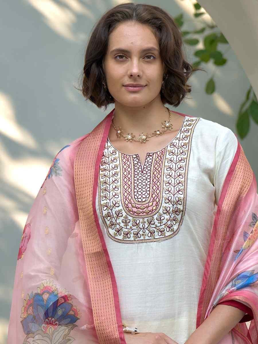 White Vatican Silk Embroidered Party Wedding Ready Pant Salwar Kameez