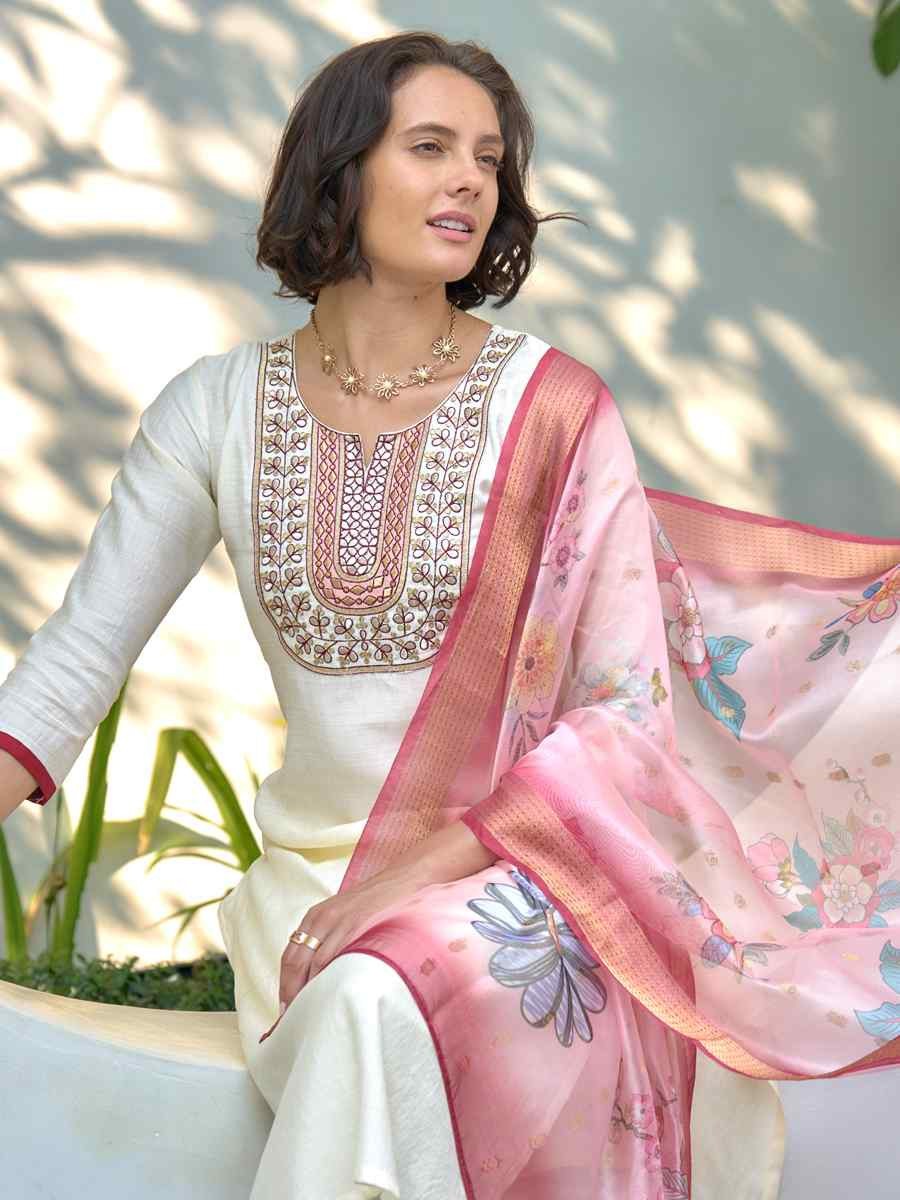 White Vatican Silk Embroidered Party Wedding Ready Pant Salwar Kameez