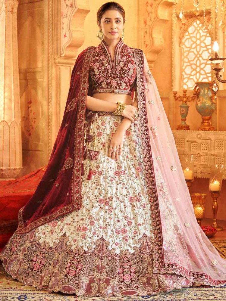 White and on sale maroon bridal lehenga