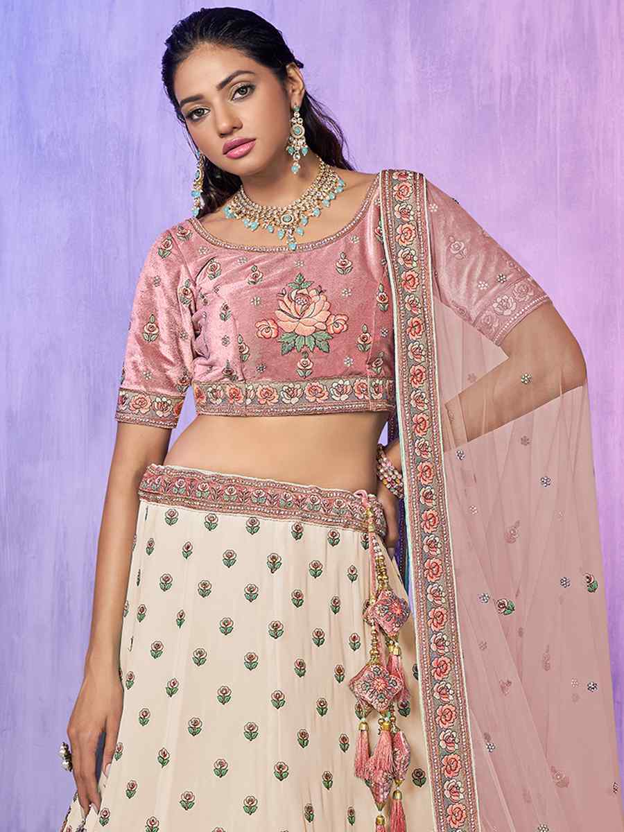 White Velvet Embroidered Bridal Reception Heavy Border Lehenga Choli