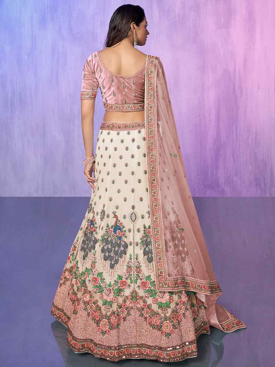 White Velvet Embroidered Bridal Reception Heavy Border Lehenga Choli