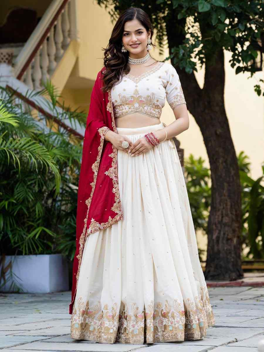 White Vichitra Silk Embroidered Wedding Reception Festival Heavy Border Lehenga Choli
