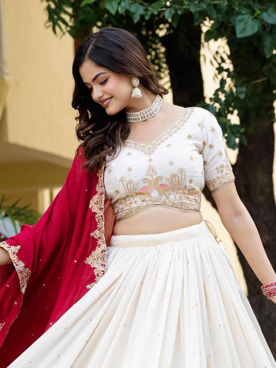 White Vichitra Silk Embroidered Wedding Reception Festival Heavy Border Lehenga Choli
