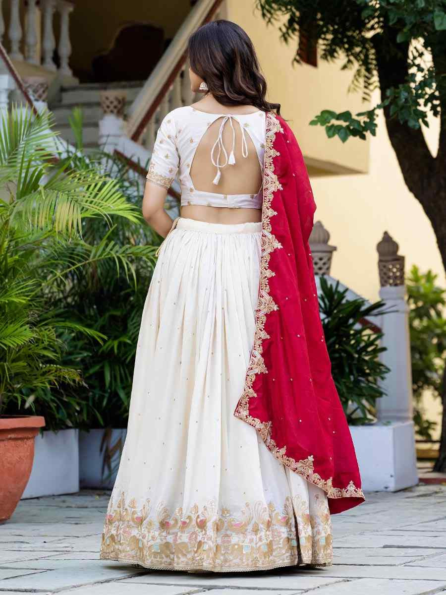 White Vichitra Silk Embroidered Wedding Reception Festival Heavy Border Lehenga Choli