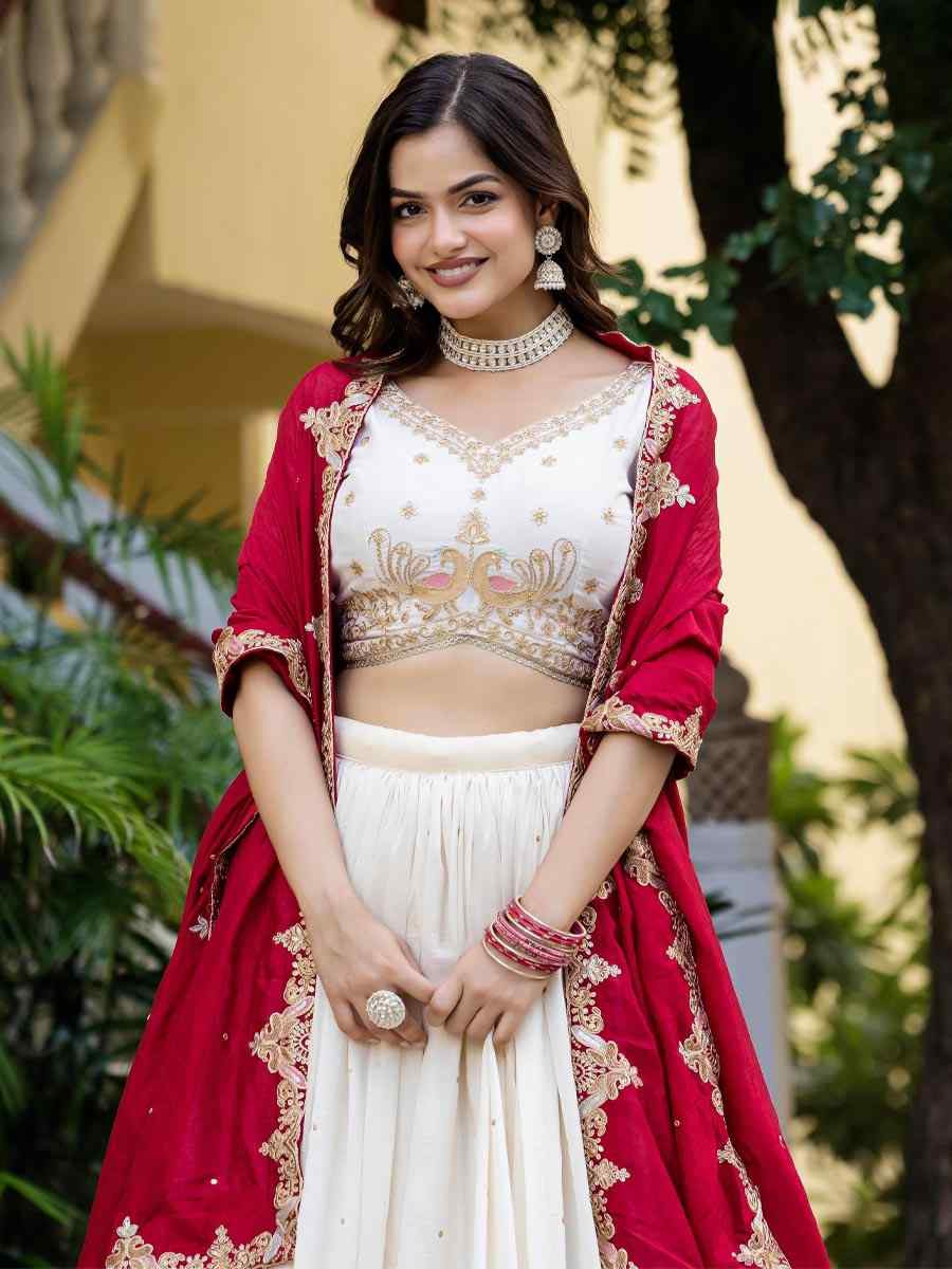 White Vichitra Silk Embroidered Wedding Reception Festival Heavy Border Lehenga Choli