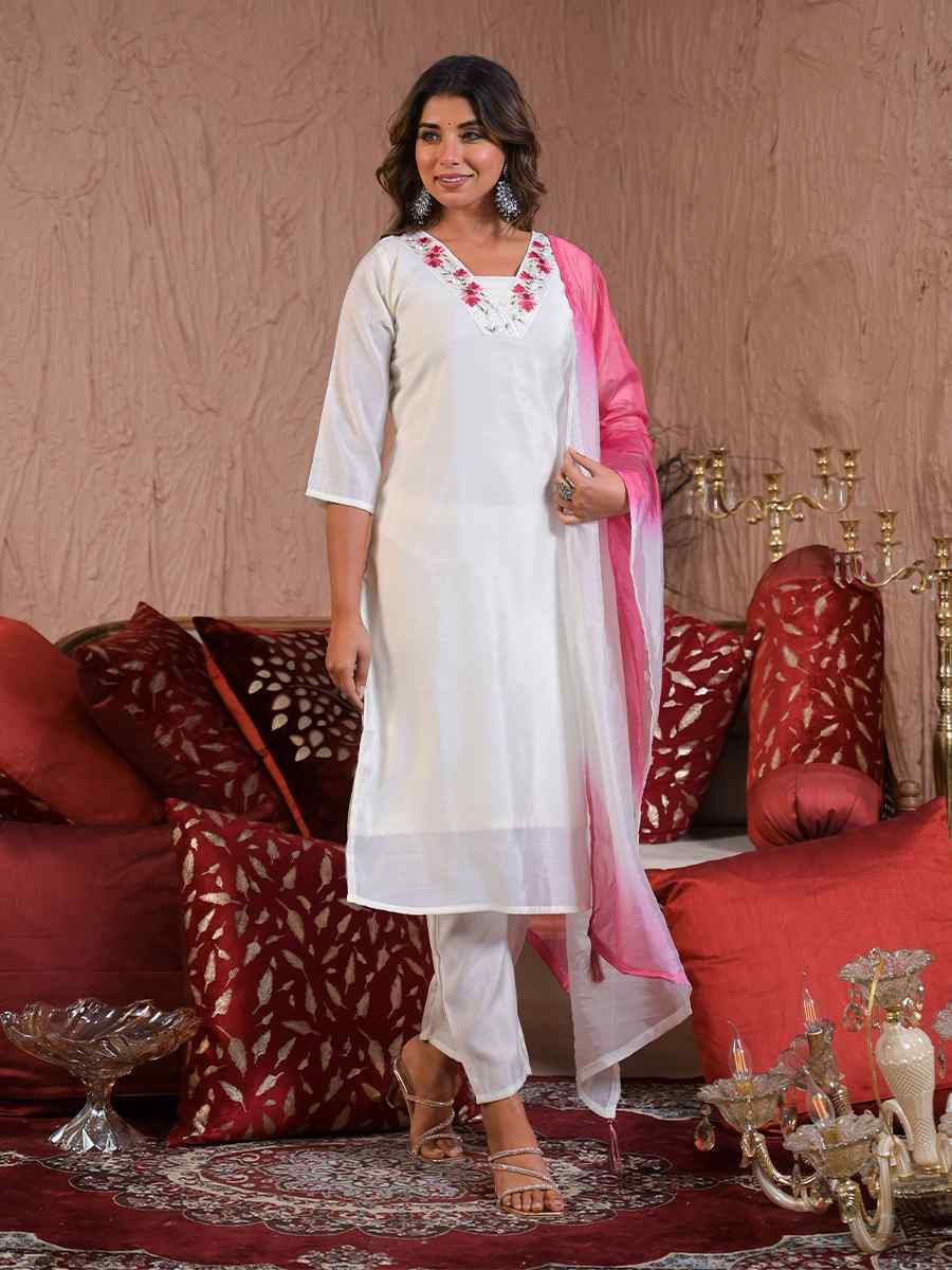 White Viscose Chanderi Embroidered Festival Casual Ready Pant Salwar Kameez