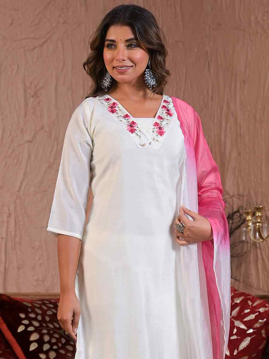 White Viscose Chanderi Embroidered Festival Casual Ready Pant Salwar Kameez