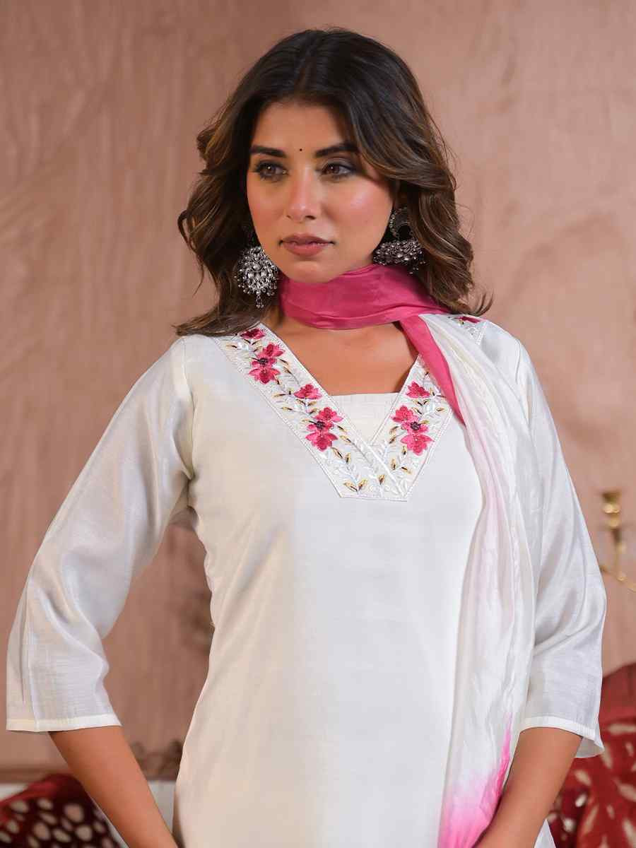 White Viscose Chanderi Embroidered Festival Casual Ready Pant Salwar Kameez