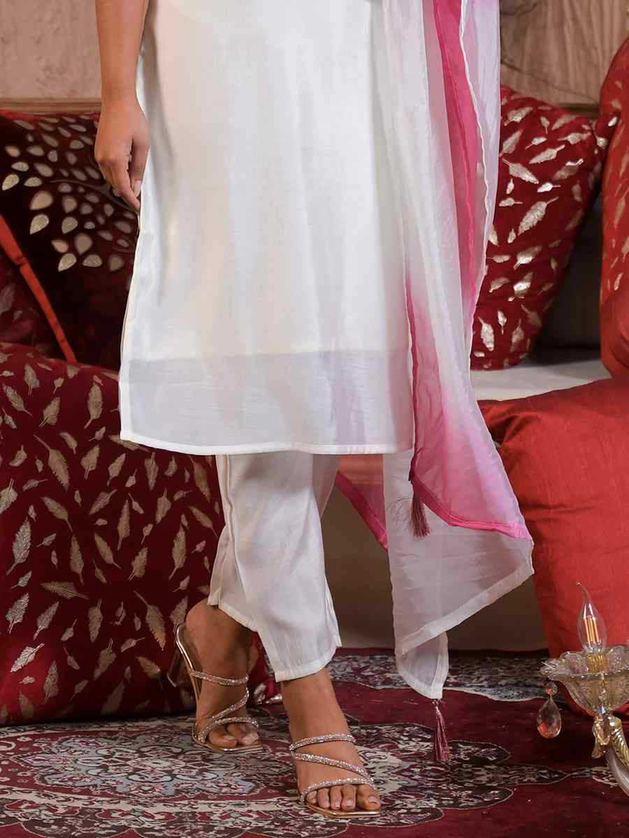 White Viscose Chanderi Embroidered Festival Casual Ready Pant Salwar Kameez