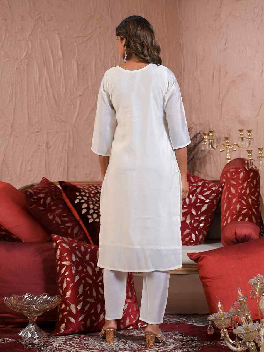 White Viscose Chanderi Embroidered Festival Casual Ready Pant Salwar Kameez