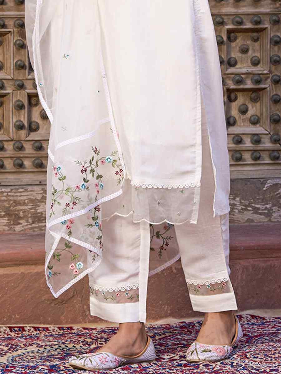 White Viscose Chanderi Embroidered Festival Casual Ready Pant Salwar Kameez