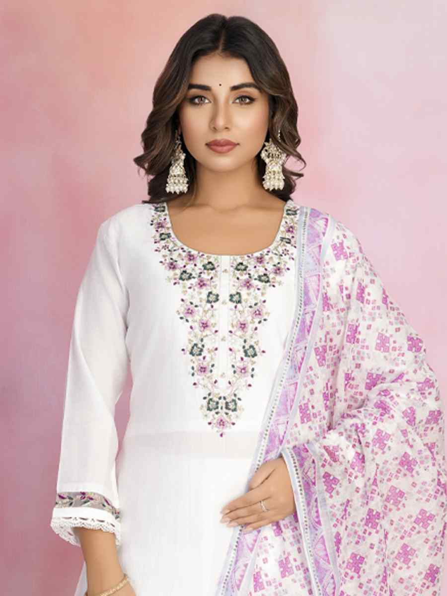 White Viscose Chanderi Embroidered Festival Casual Ready Pant Salwar Kameez