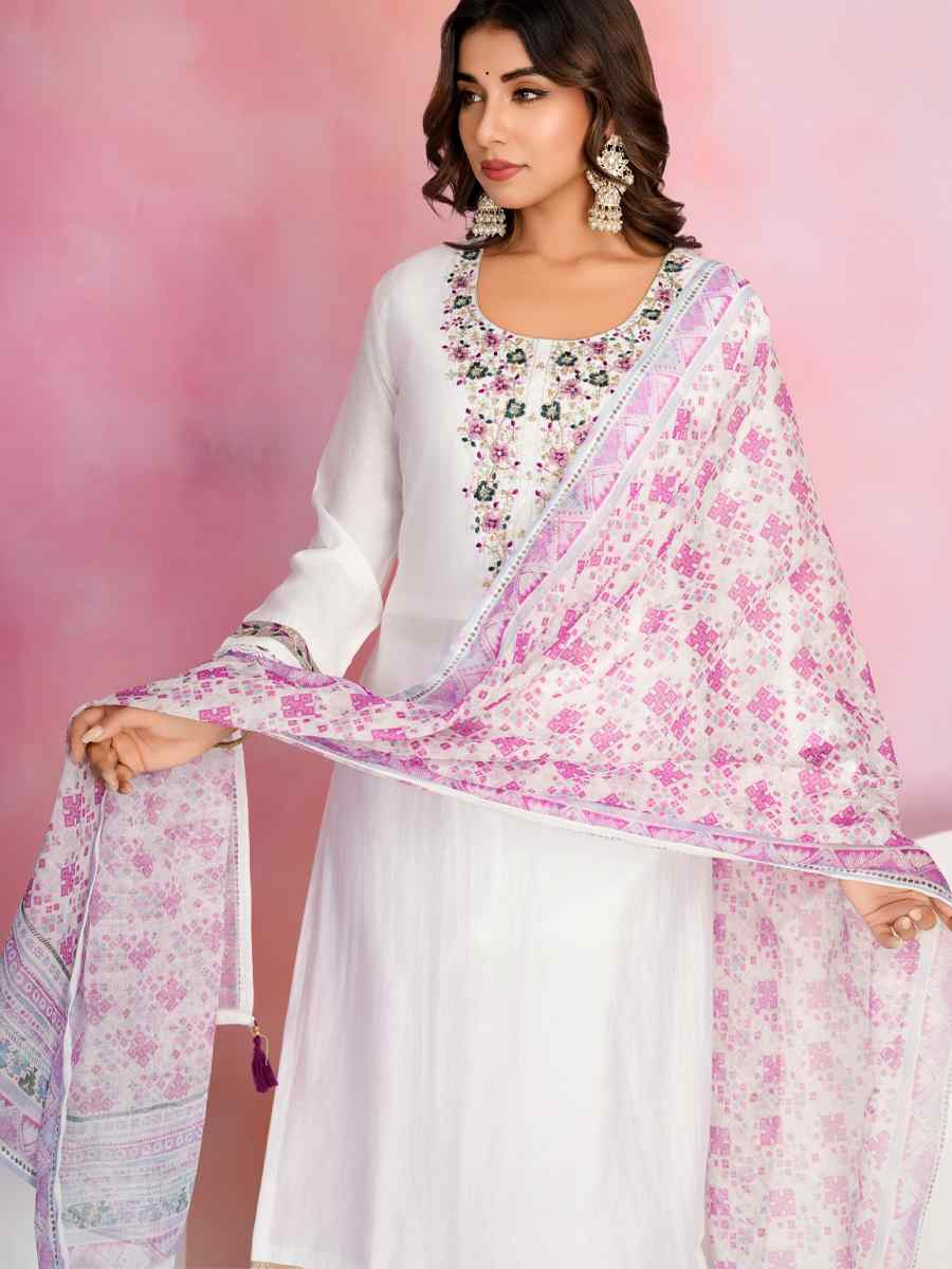White Viscose Chanderi Embroidered Festival Casual Ready Pant Salwar Kameez