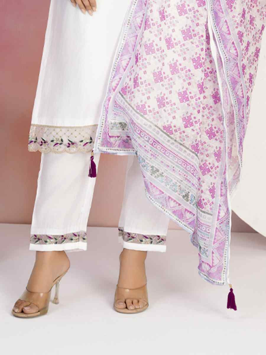 White Viscose Chanderi Embroidered Festival Casual Ready Pant Salwar Kameez