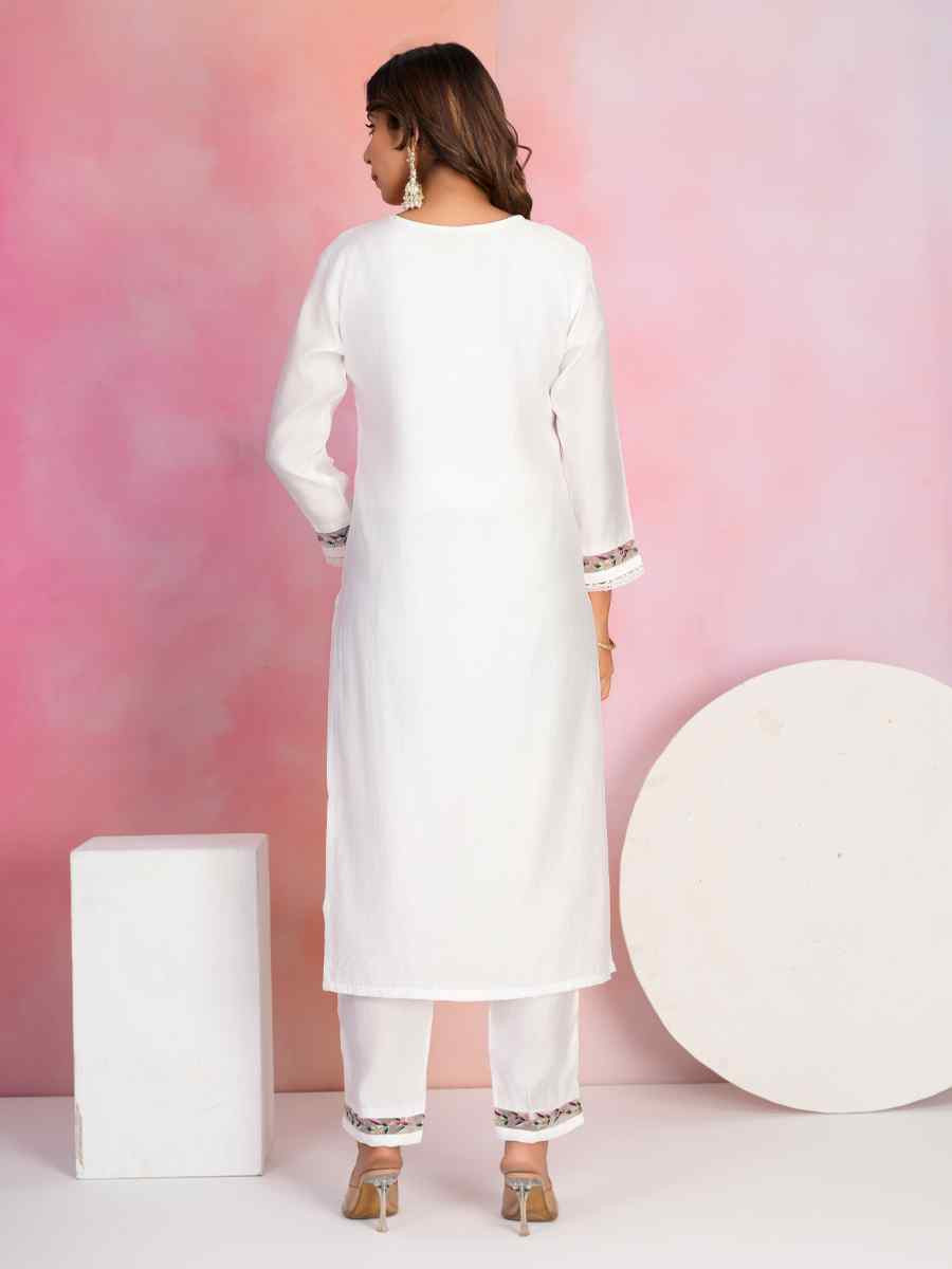 White Viscose Chanderi Embroidered Festival Casual Ready Pant Salwar Kameez
