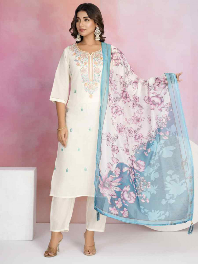 White Viscose Chanderi Embroidered Party Wedding Ready Pant Salwar Kameez