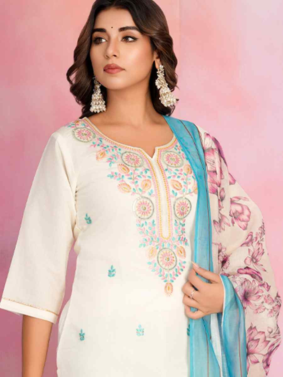 White Viscose Chanderi Embroidered Party Wedding Ready Pant Salwar Kameez