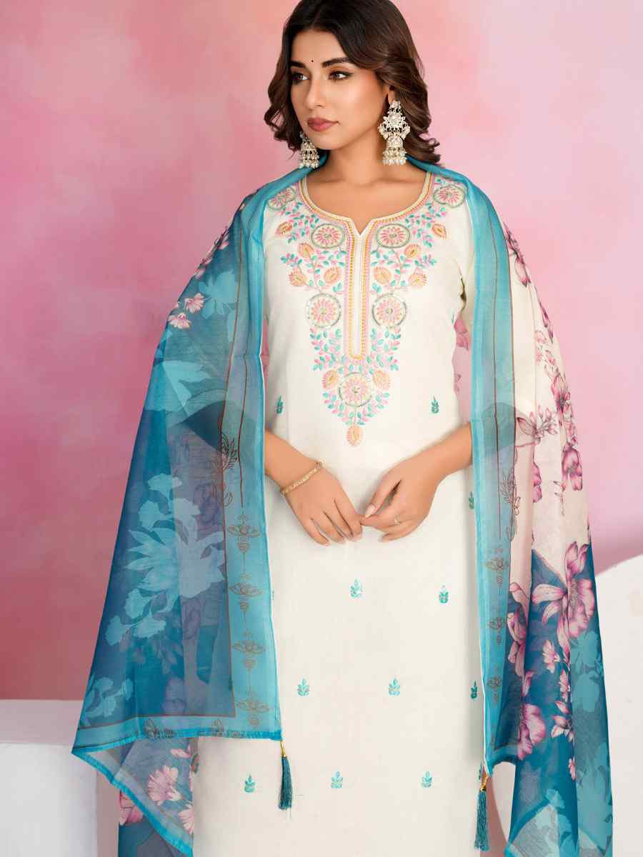 White Viscose Chanderi Embroidered Party Wedding Ready Pant Salwar Kameez
