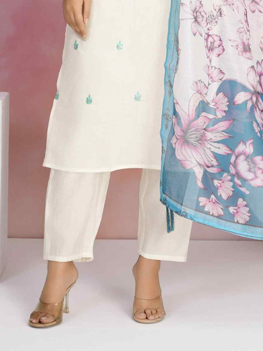 White Viscose Chanderi Embroidered Party Wedding Ready Pant Salwar Kameez