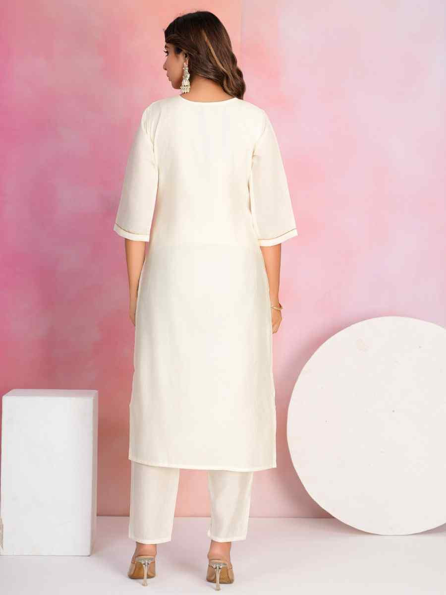 White Viscose Chanderi Embroidered Party Wedding Ready Pant Salwar Kameez