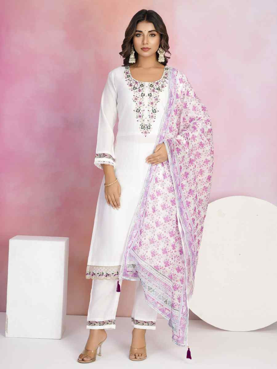 White Viscose Chanderi Embroidered Party Wedding Ready Pant Salwar Kameez