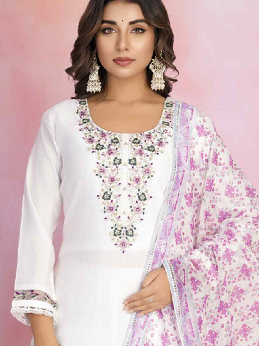 White Viscose Chanderi Embroidered Party Wedding Ready Pant Salwar Kameez