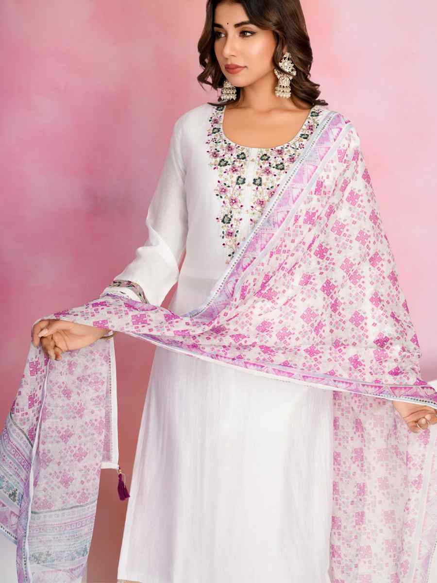 White Viscose Chanderi Embroidered Party Wedding Ready Pant Salwar Kameez