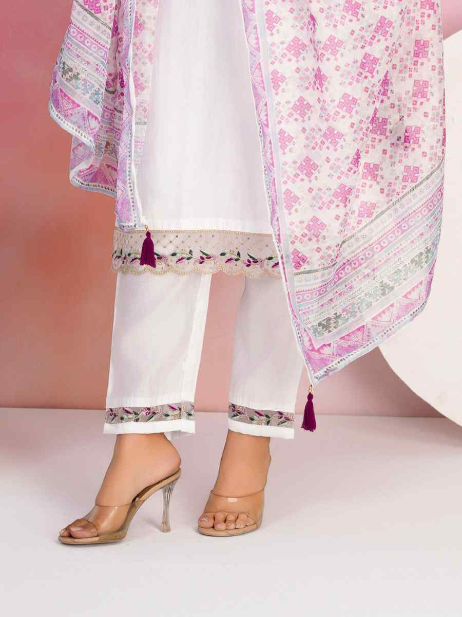 White Viscose Chanderi Embroidered Party Wedding Ready Pant Salwar Kameez