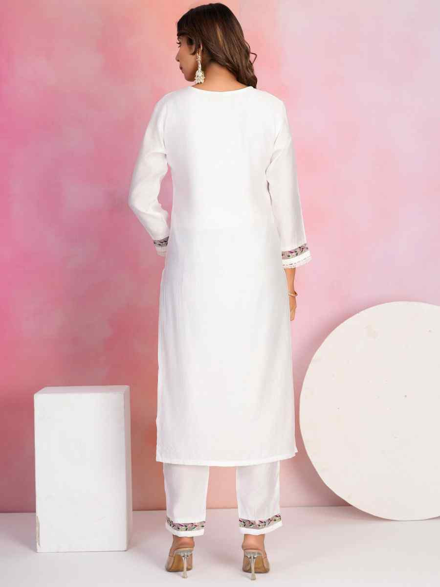 White Viscose Chanderi Embroidered Party Wedding Ready Pant Salwar Kameez