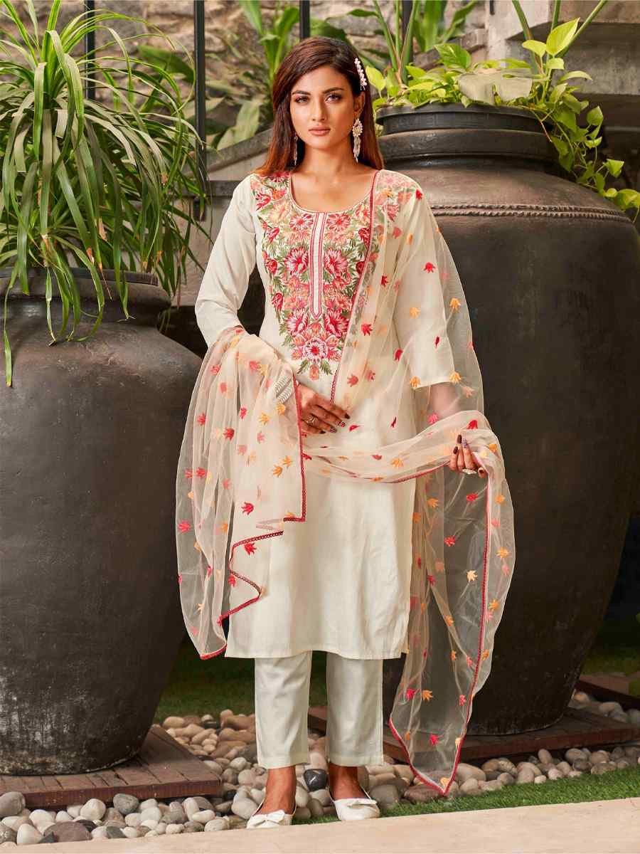 White Viscose Chanderi Embroidered Party Wedding Ready Pant Salwar Kameez