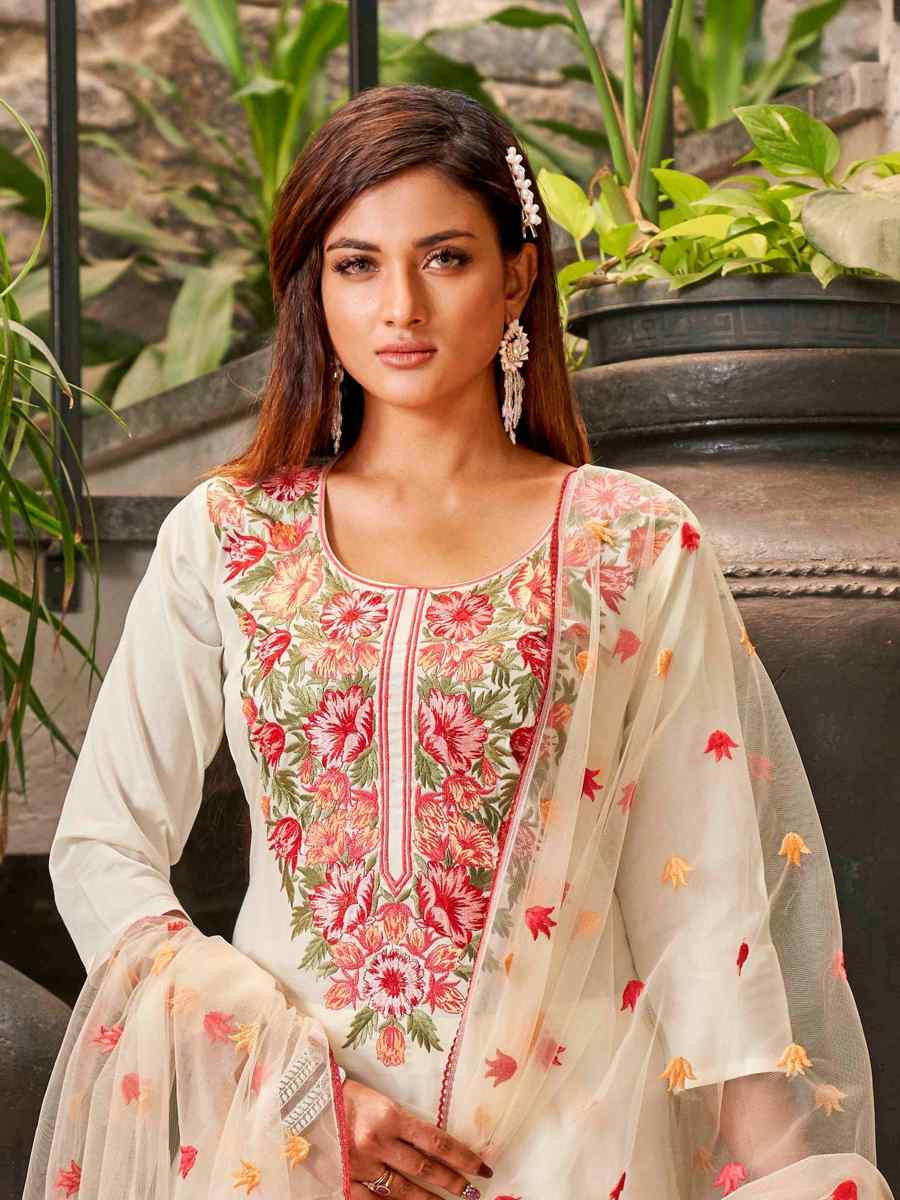 White Viscose Chanderi Embroidered Party Wedding Ready Pant Salwar Kameez