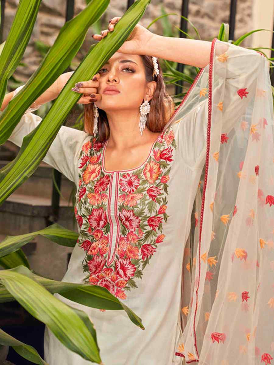 White Viscose Chanderi Embroidered Party Wedding Ready Pant Salwar Kameez