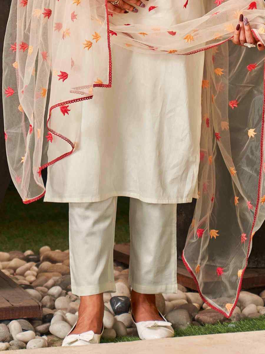 White Viscose Chanderi Embroidered Party Wedding Ready Pant Salwar Kameez